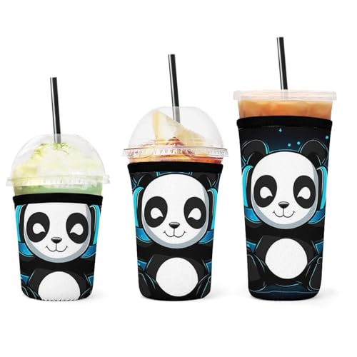 3er-Pack wiederverwendbare schwarz-weiße Panda-Tierkopfhörer-Musik-Cup-Hülle mit süßem Panda, Isolierhülle für eisgekühlte und heiße Getränke, Kühler für kalte Getränke 3er-Pack wiederverwendbare schwarz-weiße Panda-Tierkopfhörer-Musik-Cup-Hülle mit süßem Panda, Isolierhülle für eisgekühlte und heiße Getränke, Kühler für kalte Getränke von peiyeety