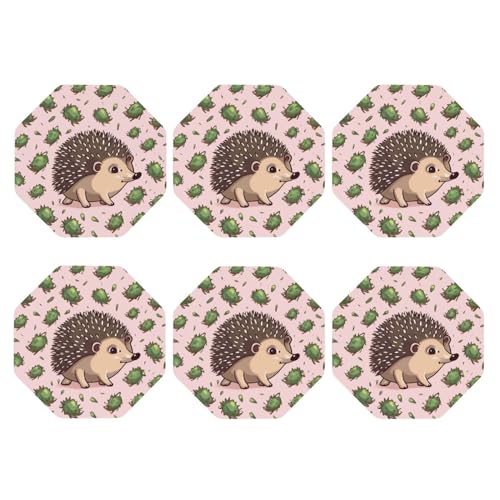 Achteckige Untersetzer, 6er-Set, PU-Leder-Untersetzer für Getränke, Couchtisch, Cartoon-Igel-Tischplattenschutz, Heimdekoration, Tassenmatte von peiyeety