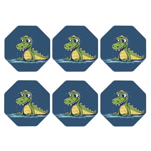 Achteckige Untersetzer, 6er-Set, PU-Leder-Untersetzer für Getränke, Couchtisch, Cartoon-Krokodil-Tischplattenschutz, Heimdekoration, Tassenmatte von peiyeety