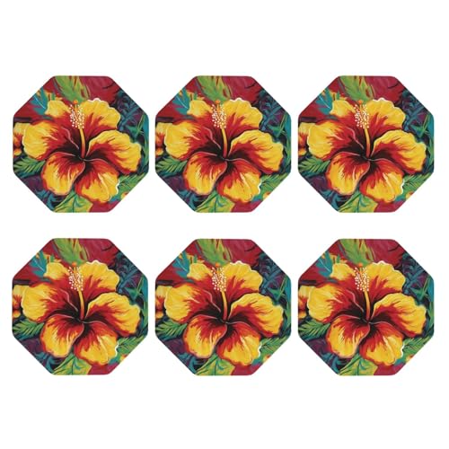 Achteckige Untersetzer, 6er-Set, PU-Leder-Untersetzer für Getränke, Couchtisch, bunter Hibiskus-Tischplattenschutz, Heimdekoration, Tassenmatte von peiyeety