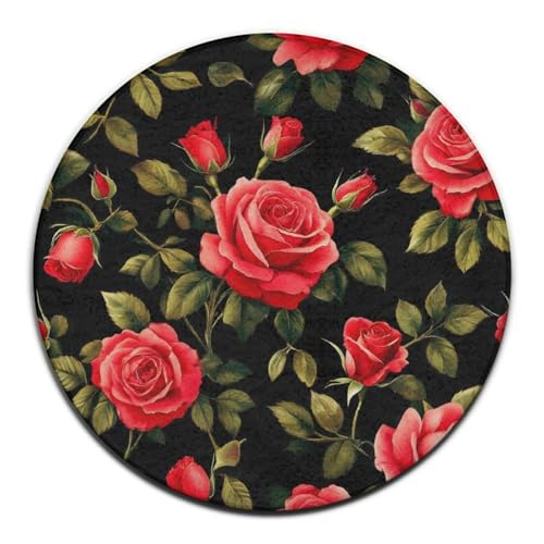 Herrenmode Runder Teppich, Kreisteppich, Blumen Schwarz Rot Rosen Sofa Schlafzimmer Wohndekor Teppich, von peiyeety