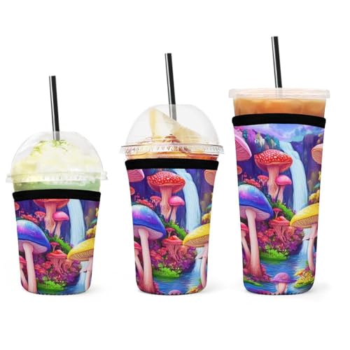Isolierte Neopren-Becherhülle, leicht zu reinigen, wiederverwendbar, Trippy Mushroom Magical World Glowing Art, Eiskaffeehülle, Getränkezubehör, passend für die meisten Becherformen von peiyeety