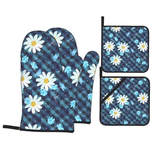 Ofenhandschuhe und Topflappen mit Aisy-and-Cosmos-Blumen auf blau kariertem 4-teiligem Set, hitzebeständiger Küchen-Ofenhandschuh aus Baumwolle zum Backen, Grillen, Kochen von peiyeety