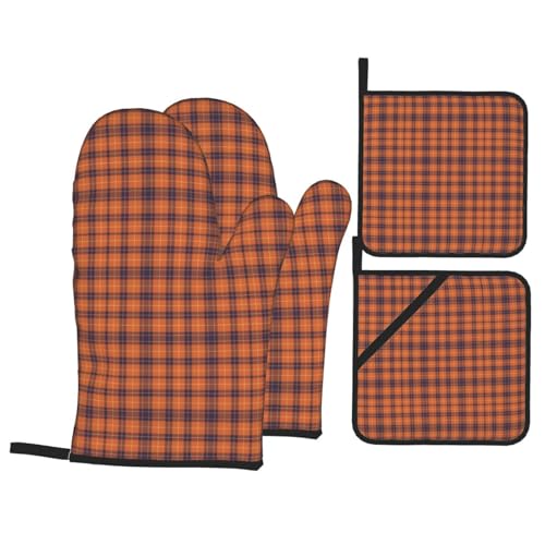 Ofenhandschuhe und Topflappen mit Schottenkaromuster in Orange und Schwarzer Johannisbeere, 4-teiliges Set, hitzebeständige Küchen-Ofenhandschuhe aus Baumwolle zum Backen, Grillen und Kochen von peiyeety