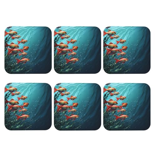 Quadratische Untersetzer, 6er-Set, PU-Leder-Untersetzer für Getränke, Couchtisch, Fisch-Aquarium-Bechermatte zum Schutz der Tischplatte, Heimdekoration von peiyeety