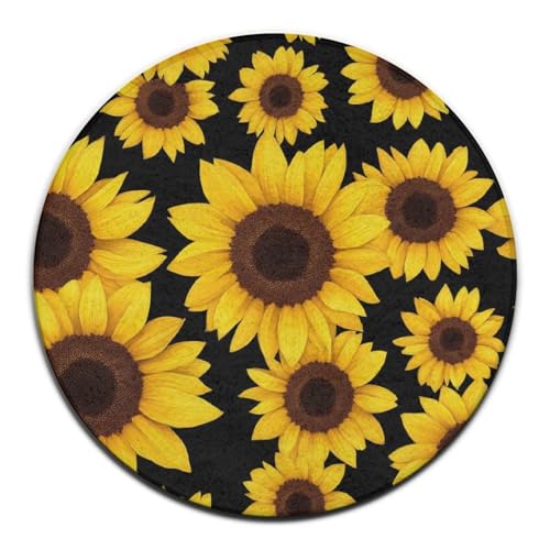 Runder Teppich für Damenmode, Blumen Schwarz Gelb Blumen Sonnenblumen Kreis Teppich, Sofa Schlafzimmer Home Decor, Runder Teppich für Damenmode, Blumen Schwarz Gelb Blumen Sonnenblumen Kreis Teppich, Sofa Schlafzimmer Home Decor, von peiyeety