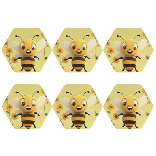 Sechseckige Untersetzer, 6er-Set, PU-Leder-Untersetzer für Getränke, Couchtisch, Happy Bee Tischplattenschutz, Heimdekoration, Tassenmatte von peiyeety