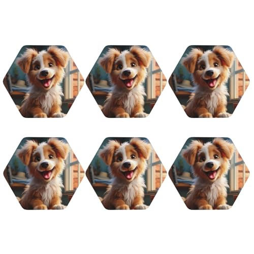 Sechseckige Untersetzer, 6er-Set, PU-Leder-Untersetzer für Getränke, Couchtisch, süße Hunde-Bechermatte zum Schutz der Tischplatte, Heimdekoration von peiyeety