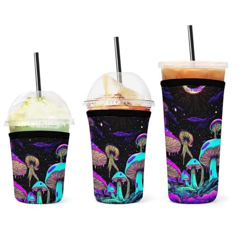Waschbare Eiskaffee-Isolierhüllen für kalte Getränke, wiederverwendbare Trippy Mushroom Moon Art Neopren-Becherhülle von peiyeety