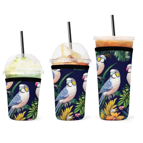 Wiederverwendbare Isolierhülle für Eiskaffee mit tropischen Vögeln und Blumen für heiße und kalte Getränke, Neopren-Hüllen für kalte Kaffeetassen, leicht zu reinigen von peiyeety