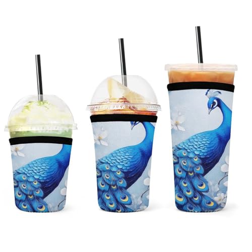 Wiederverwendbare Isolierhüllen für Eiskaffee mit blauem Pfau und weißen Blumen für kalte Getränke, Neopren-Becherhalter für die meisten Kaffeesorten Wiederverwendbare Isolierhüllen für Eiskaffee mit blauem Pfau und weißen Blumen für kalte Getränke, Neopren-Becherhalter für die meisten Kaffeesorten von peiyeety