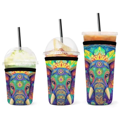 Wiederverwendbare Neopren-Isolierhülle mit Elefantenkopf-Batik-Motiv für Eiskaffeetassen, universelle Heiß- und Kaltgetränke, waschbare Neopren-Kaffeehülle von peiyeety