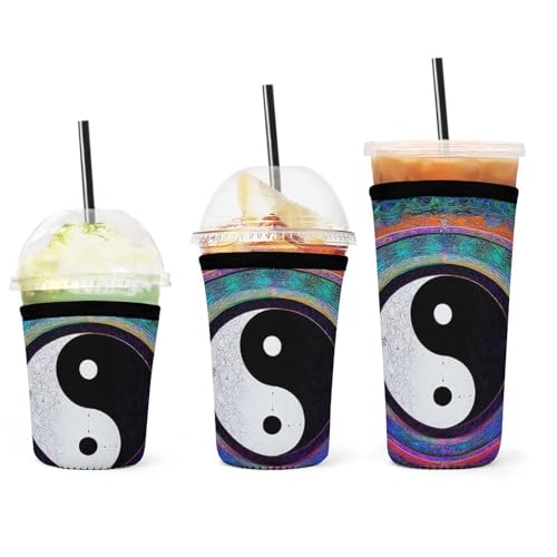 Wiederverwendbarer Neopren-Eiskaffeebecherhalter mit Batikmuster und Yin-Yang-Art für heiße und kalte Getränke, wärmespeichernde Becherhülle für die meisten Becherformen von peiyeety