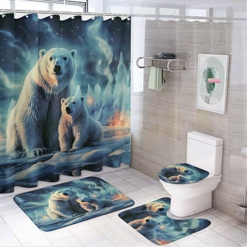 peiyeety 4-teiliges Badezimmer-Duschvorhang-Set mit 12 Haken, Badematte, Toilettendeckel, Eisbären, Nordlichter-Dekor-Set peiyeety 4-teiliges Badezimmer-Duschvorhang-Set mit 12 Haken, Badematte, Toilettendeckel, Eisbären, Nordlichter-Dekor-Set von peiyeety