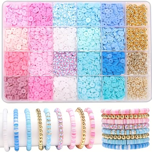 pekifaves Perlen für Armbänder set, 6mm Heishi Clay Perlen Set, Bunte Clay Beads zum Auffädeln Kit, für Schmuckherstellung, Freundschaftsarmband Selber Machen, Rosa Weiß Blau Gold Regenbogen von pekifaves