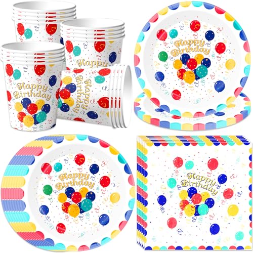 pekifaves Bunte Geburtstag Partygeschirr Set, Happy Birthday Kindergeburtstag Pappteller Tassen Servietten, 16 Gäste Geschirr Set Männer Frauen Kinder Geburtstag Deko Luftballon Motiv Weiß von pekifaves