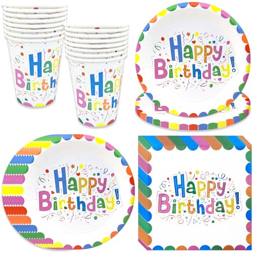 pekifaves Bunte Geburtstag Partygeschirr Set, Happy Birthday Kindergeburtstag Pappteller Tassen Servietten, 16 Gäste Geschirr Set Männer Frauen Kinder Geburtstag Deko Weiß von pekifaves