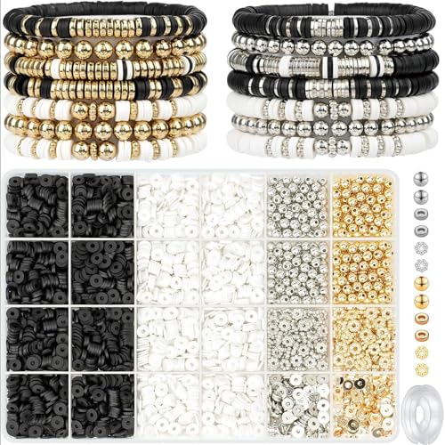 pekifaves Perlen für Armbänder set, 6mm Clay Perlen Set Schwarz Weiß, Perlen zum Auffädeln Kit, Perlen armbänder selber machen, für Schmuckherstellung, Freundschaftsarmband Selber Machen pekifaves Perlen für Armbänder set, 6mm Clay Perlen Set Schwarz Weiß, Perlen zum Auffädeln Kit, Perlen armbänder selber machen, für Schmuckherstellung, Freundschaftsarmband Selber Machen von pekifaves