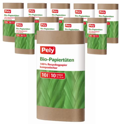 Pely Bio Papiertüten 100 Stück, 10 Liter für die Biotonne oder Kompost, 10 Packungen a 10 Beutel im Karton, nachhaltige Entsorgung ihrer Abfälle von pely