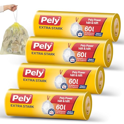 Pely Zugband Müllbeutel extra stark - Vorteilspack (4 x 10 Stück), gelb, für die Entsorgung von Restabfall (60 Liter) (60 Liter) von pely