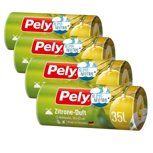 Pely Zugband Müllbeutel mit Zitronen Duft - Vorteilspack (4 x 12 Stück), gelb, für die Entsorgung von Restabfall (35 Liter) mit angenehmen Duft von pely