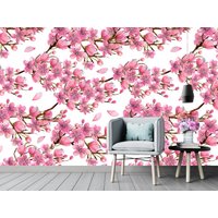Aquarell Frühling Kirschbaum Abnehmbare Tapete Wandbild Floral Peel & Stick Oder Vorgeklebte Selbstklebend Einfach Zu Bewerben von penguinwall