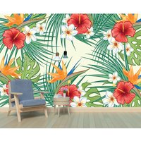 Blumen Und Palmblätter Abnehmbares Tapeten Wandbild Florale Peel & Stick Oder Vorbeklebte Tapete Selbstklebend Einfach Zu Auftragen von penguinwall