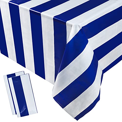2 Stück marineblau und weiß gestreifte Tischdecke nautisch blau Kunststoff Streifen Tischdecke wasserdicht Einweg-Tischdecke für Zuhause Küche Picknick Party Dekoration von peony man