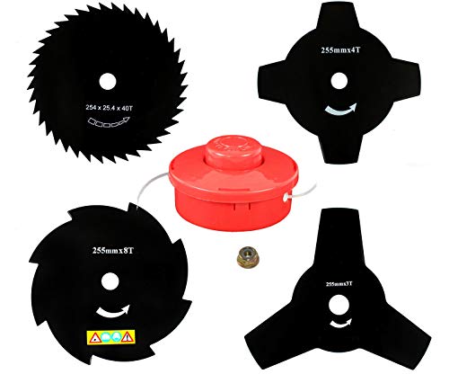 4 X sharfes Messer (Ø255 mm, 25,4mm Bohrung) & Fadenspule & Mutter für Zipper, Arebos, Berlan, Nemaxx, Plantiflex, Ryobi, Enhell, Monzana, Timbertech, Brast, Rotfuchs Fxtec Motorsense von perfektGarten