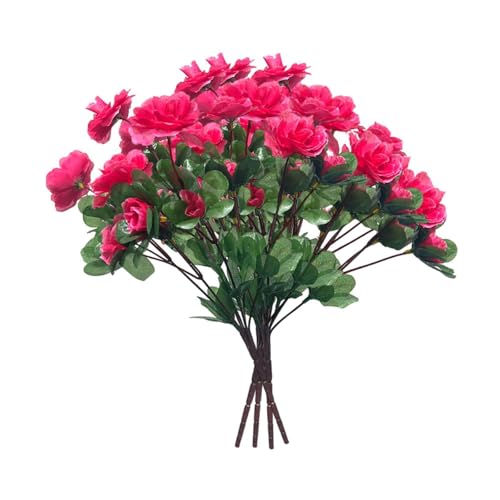 perfk 4 Bündel künstliche Blumen Dekoration Rhododendron Outdoor Blumen Pflanzen Rasen Frühling Sommer Hinterhof Fensterbox, Rose Rot von perfk