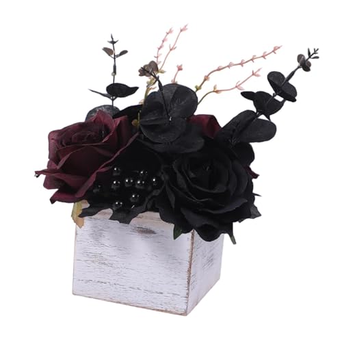 perfk Halloween-Kunstblumen, Kunstblumen in Holzbox, Schreibtisch-Ornament, künstliche für Büro, Badezimmer, Innenbereich, Dunkelrot von perfk