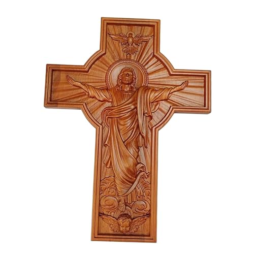 perfk Katholisches Kruzifix aus Holz zum Aufhängen an der, Jesus-Kreuz, religiöses Geschenk, Handschnitzerei für Ostern, Gedenkfeiern, Hochzeit, 35x27x2.5cm von perfk