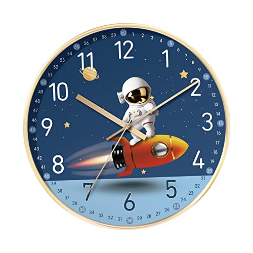 perfk Kreative -Wanduhr, leise, Rahmen, analoge, Nicht tickende Uhr, 20,3 cm, für Büro, Kinderzimmer, Schlafzimmer, Kinder, Astronautenrakete von perfk