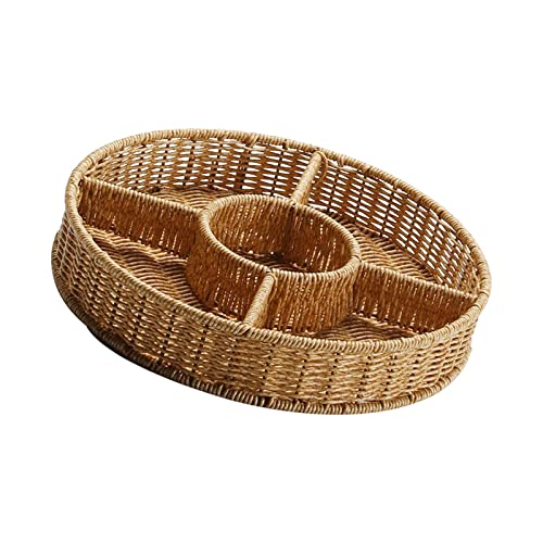 perfk Rundes, gewebtes Serviertablett, Snack-Tablett mit 5 Fächern, geflochtenes Tablett aus Rattan- für Küche, Badezimmer, Party, Esszimmer, helle Holzfarbe von perfk