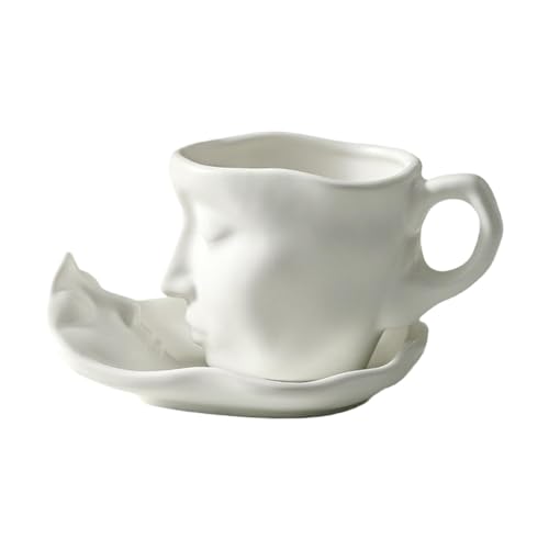 perfk Teetasse und Untertasse, Kaffeetasse mit Untertasse, interessantes 100-ml-Coffeeware-Kunstdekor, unregelmäßige Tasse, menschliches Gesicht, Weiß von perfk