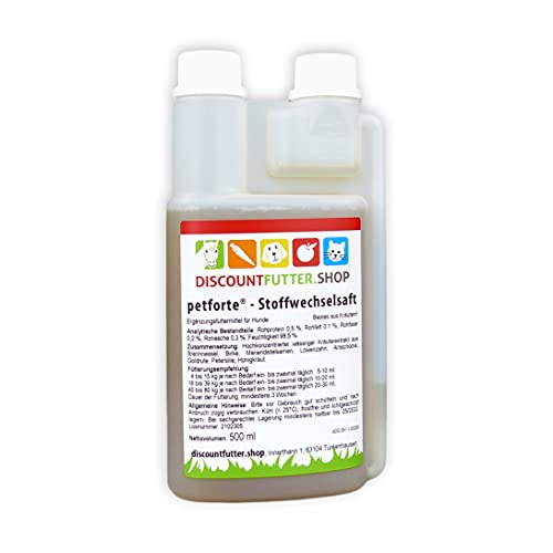 STOFFWECHSELSAFT für Hunde (0,5 Liter- Dosierflasche) - Leber & Nieren unterstützen | Haut, Fell, Juckreiz, Entgiftung | ohne Getreide oder Zucker | Kräutersaft flüssig von petforte