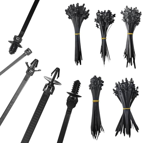 200 Stück Kabelbinder Schwarz, Plastik Kabelbinder Set, Push-Mount Cable Ties, 5 Arten Mini Kabelbinder, für Automobil, Bau, Innen-Drahtbündelung Stecken (Schwarz) von peuqcen