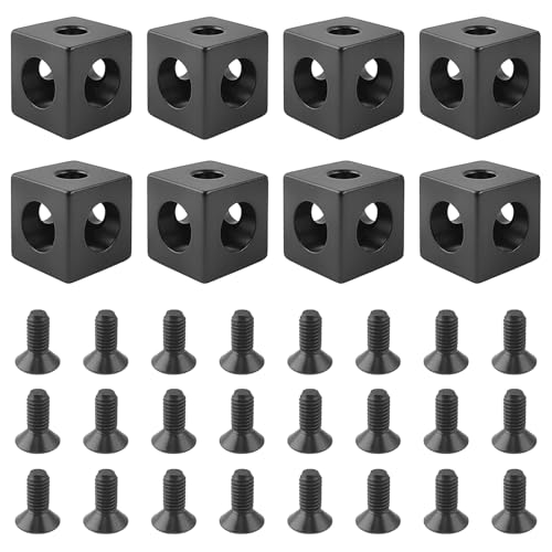 8 Stück 3-Weg Eckwinkelwürfel, Aluprofil Verbinder, 20x20x20mm Schwarz Vierkantrohr Verbinder, mit 24 Stück M5-Gewindestiften, Passend für Alle V-Nut-Strangpressprofile der Serie 2020 (Schwarz) von peuqcen