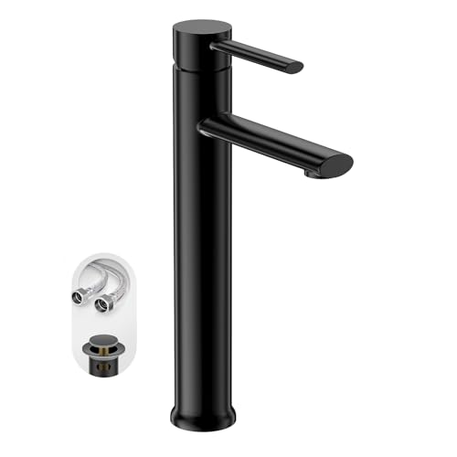 Phiestina NS-SF03-V-MB Hoch-Badezimmer-Wasserhahn, Einloch-Einhebel-Badezimmer-Wasserhahn, mit Metall-Pop-Up-Ablauf- und Wasserversorgungsleitungen, Mattschwarz von phiestina