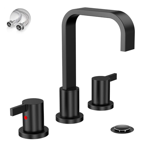 Phiestina WF040B-1-MB Waschbeckenarmatur, Wasserfall, 3 Löcher, 2 Griffe, breiter Badezimmer-Wasserhahn mit Metall-Pop-Up-Ablauf und Wasserzufuhrleitung, Mattschwarz Phiestina WF040B-1-MB Waschbeckenarmatur, Wasserfall, 3 Löcher, 2 Griffe, breiter Badezimmer-Wasserhahn mit Metall-Pop-Up-Ablauf und Wasserzufuhrleitung, Mattschwarz von phiestina