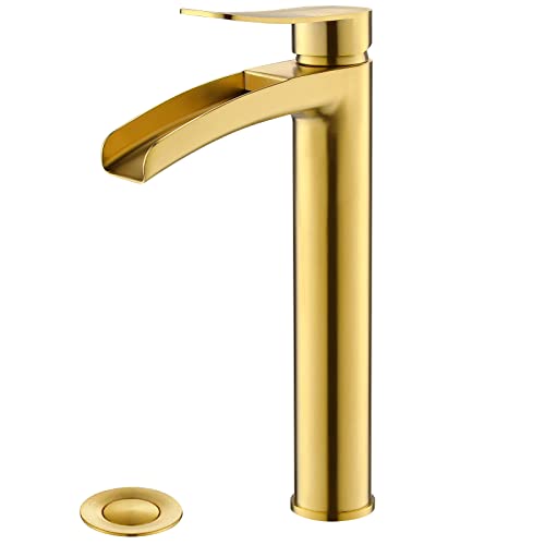 Phiestina Wasserfall-Badezimmer-Wasserhahn für Waschbecken, Waschbeckenarmatur, gebürstetes Gold, Einzelgriff, 1 Loch, mit Pop-Up-Ablauf und Wasserschläuchen, NS-SF01-BG-V Phiestina Wasserfall-Badezimmer-Wasserhahn für Waschbecken, Waschbeckenarmatur, gebürstetes Gold, Einzelgriff, 1 Loch, mit Pop-Up-Ablauf und Wasserschläuchen, NS-SF01-BG-V von phiestina