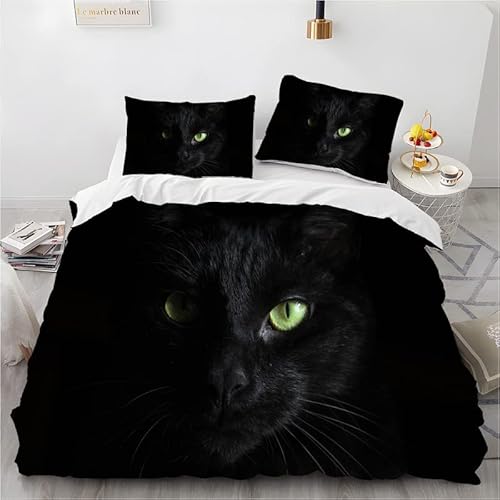phonxia Bettwäsche 90x200 Schwarze Katze Bettbezug 90x200 mit Reißverschluss Bettwäsche Set 2 Kissenbezug 80x80 cm Deluxe Atmungsaktiv Reversibel Mikrofaser von phonxia