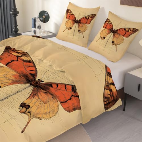 phonxia Brauner Druck Bettwäsche 90x200 Schmetterling Bettbezug 90x200 mit Reißverschluss Vintage Bettwäsche Set 2 Kissenbezug 80x80 cm Deluxe Mikrofaser O46 von phonxia