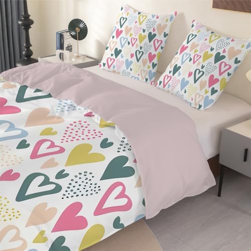 phonxia Buntes Herz Bettwäsche 135x200 Herz Bettbezug Set 135 x 200 cm Weiß Bettwäsche-Sets mit Reißverschluss 2 Kissenbezug 80x80 cm Mikrofaser O62 von phonxia