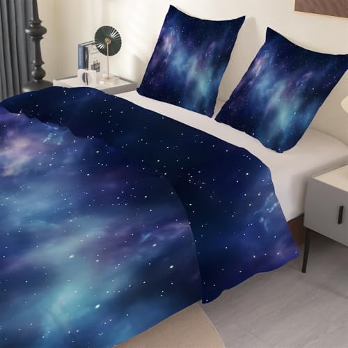 phonxia Galaxie-Serie Bettwäsche-Set, Sternenhimmel Bettwäsche mit 1 Bettdecke und 2 Kissenbezügen Blau Mikrofaserdecke Set 135x200 cm Mit Kissenbezügen, Kuschel-Bettbezug, Federbettbezug O51 von phonxia