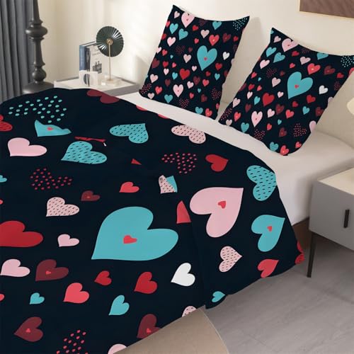 phonxia Herzmuster Bettwäsche 200x200 Schwarz Bettbezug mit Reißverschluss Mikrofaser Bunt Bettwäsche Set 2 Kissenbezug 80x80 cm Atmungsaktiv O61 von phonxia