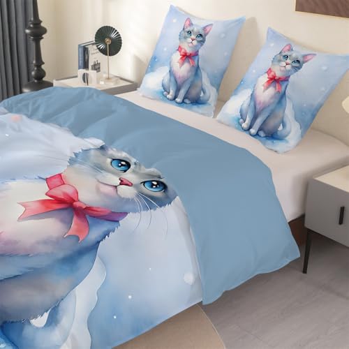 phonxia Katze Bettwäsche-Set, Katze Bettwäsche mit 1 Bettdecke und 2 Kissenbezügen Blau Mikrofaserdecke Set 90x200 Mit Kissenbezügen, Kuschel-Bettbezug, Federbettbezug O42 von phonxia