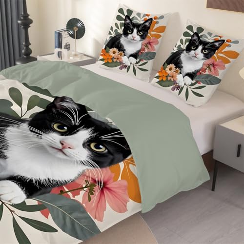 phonxia Pflanzenblumen Bettwäsche 155x 220 Katze Bettbezug 155 x 220cm Dschungel Bettwäsche-Sets mit 2 Kissenbezüge 80x80cm mit Reißverschluss Mikrofaser O41 von phonxia