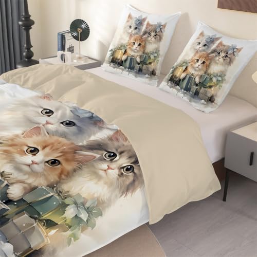 phonxia Süße Tiere Bettwäsche 155x 220 Katze Bettbezug mit Reißverschluss Mikrofaser Braun Bettwäsche Set ＋ 2 Kissenbezug 80x80 cm Deluxe Atmungsaktiv O43 von phonxia