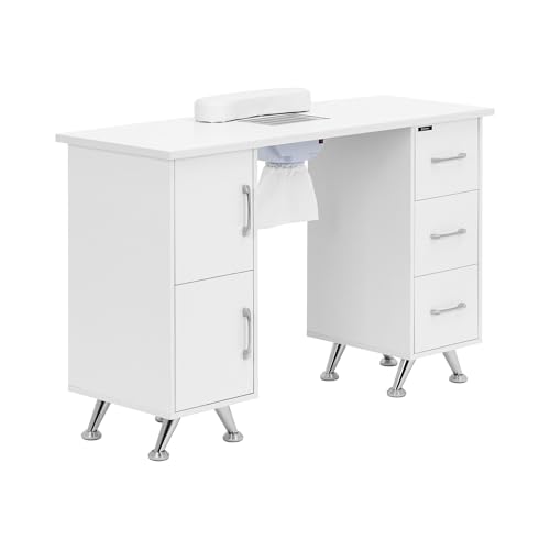 Physa Nageltisch in Weiß/Silber 3 Schubladen 2 Ablagen inkl. Absaugung für Staub Handablage Maniküretisch Nagelstudio-Tisch mit Staubabsaugung von physa wellness & lifestyle